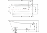 Technical drawing of E1 Burlington Harewood Slipper Bath 1690mm