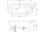 Technical drawing of E4 Burlington Windsor 1500mm Freestanding Double Ended Bath