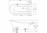 Technical drawing of E6 Burlington Buckingham Short Slipper Bath 1500mm