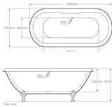 Technical drawing of Royce Morgan Kensington Double Ended Roll Top Bath 1495mm