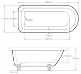 Technical drawing of the Royce Morgan Lambeth Single Ended Roll Top Bath 1655mm