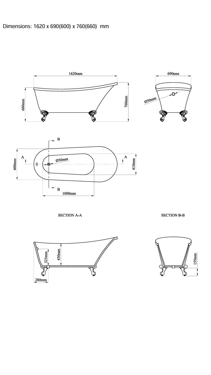Richmond F/S Slipper Bath 1690 x 750mm