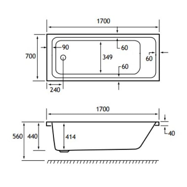 Eastbrook Portland 1700 x 700mm Single Ended Bath Technical Drawing