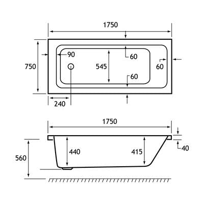 Eastbrook Portland 1750 x 750mm Single Ended Bath Technical Drawing