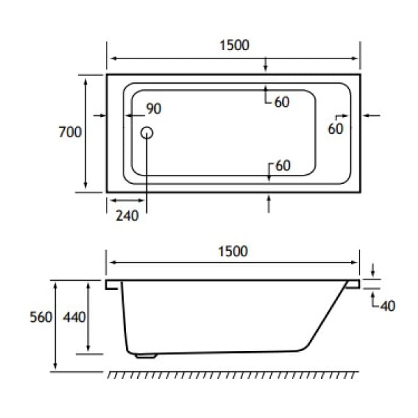 Eastbrook Portland 1500 x 700mm Single Ended Bath Technical Drawing