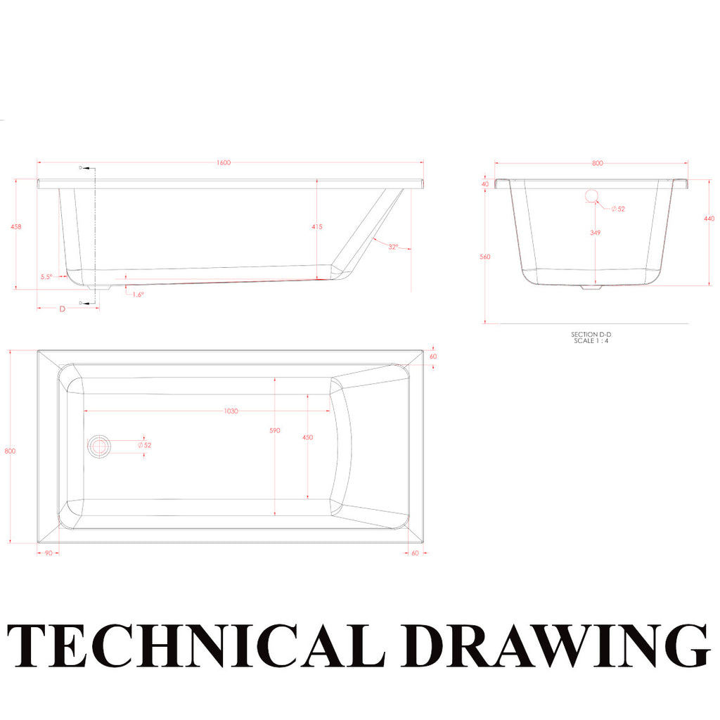 Eastbrook Portland 1600 x 800mm Single Ended Bath Technical Drawing