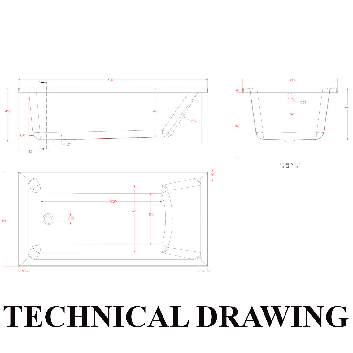 Eastbrook Portland 1600 x 800mm Single Ended Bath Technical Drawing