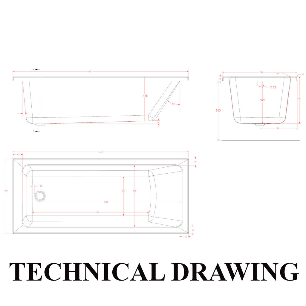 Eastbrook Portland 1650 x 700mm Single Ended Bath Technical Drawing