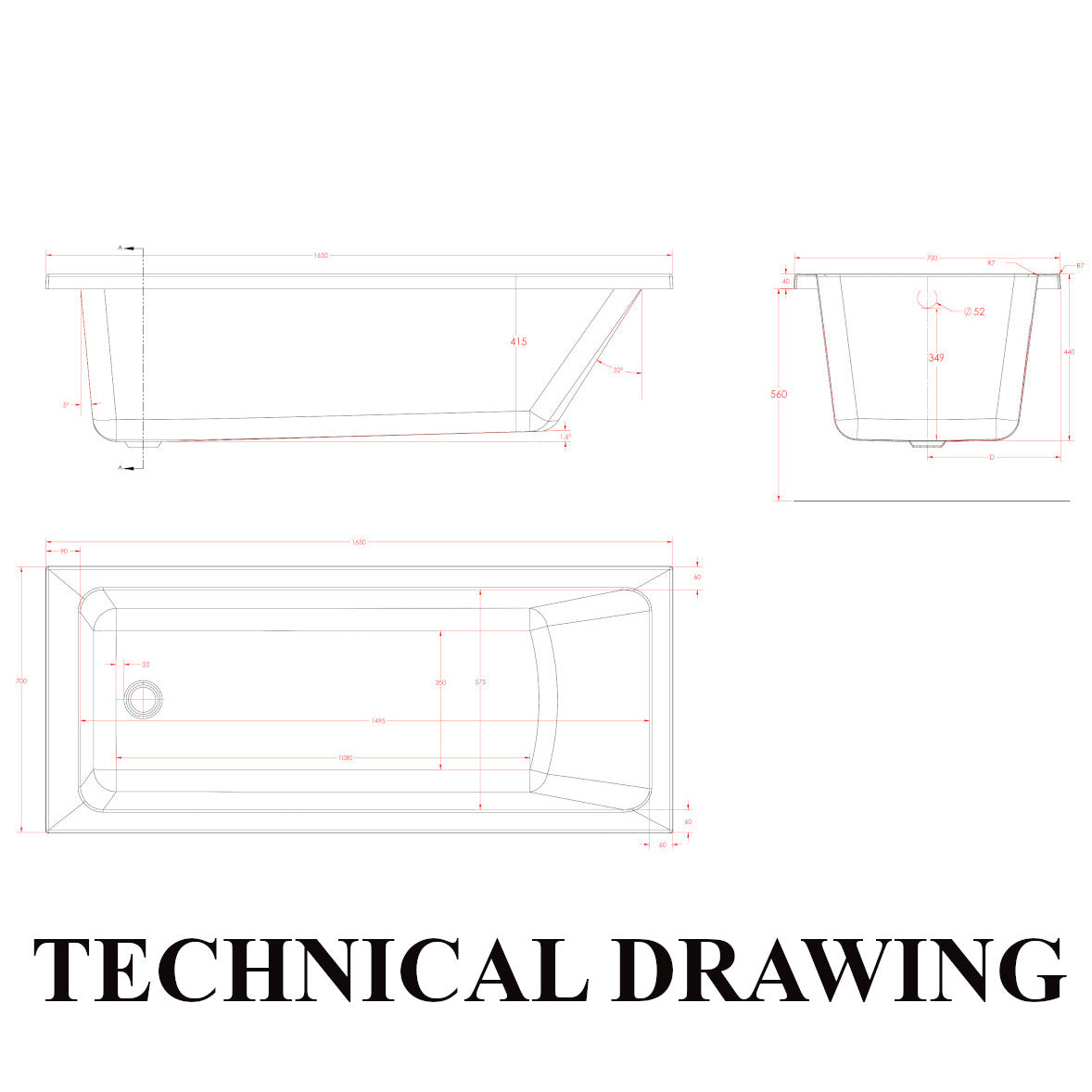 Eastbrook Portland 1650 x 700mm Single Ended Bath Technical Drawing