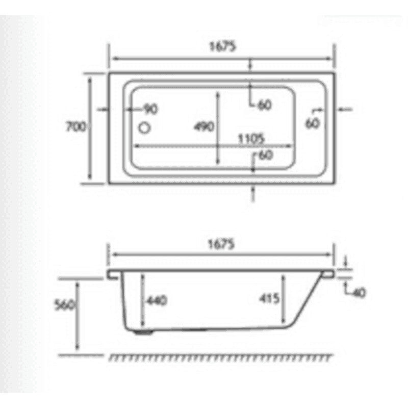 Eastbrook Portland 1675 x 700mm Single Ended Bath Technical Drawing