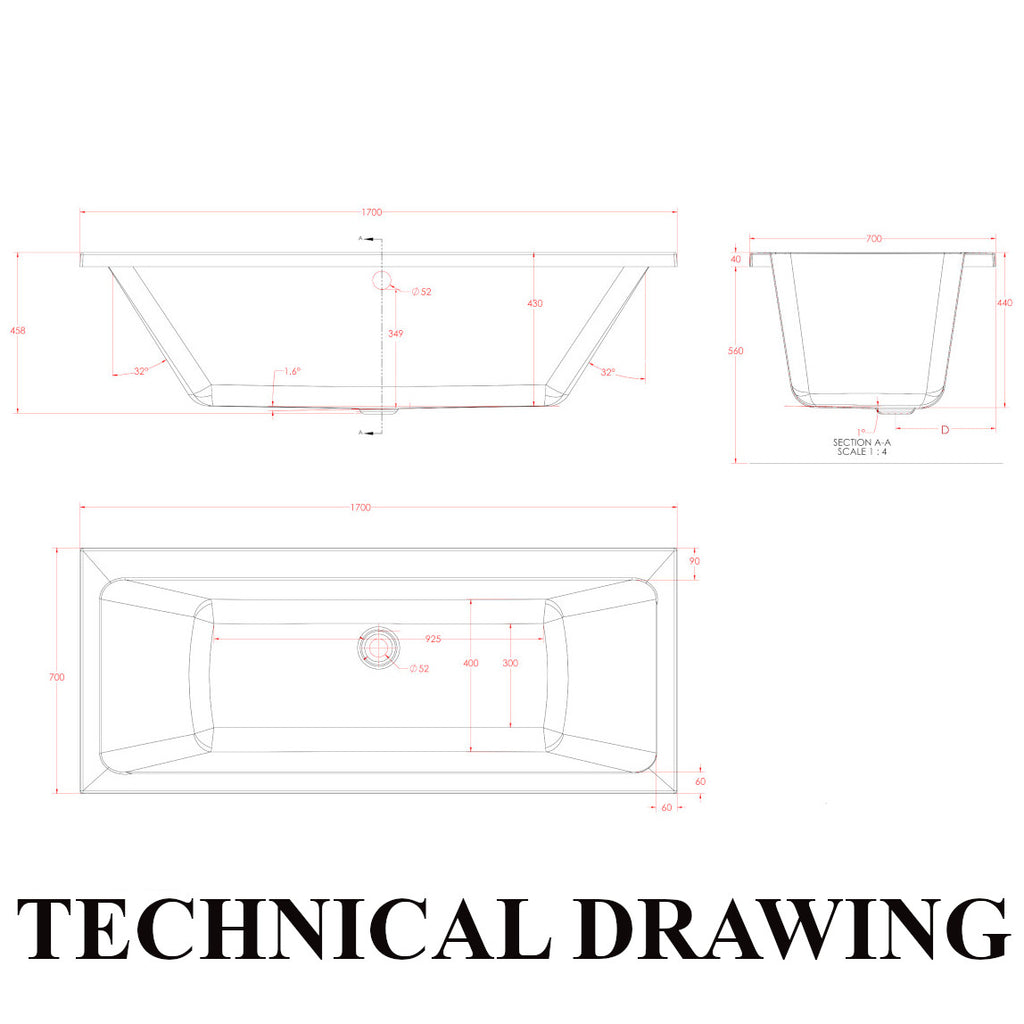Eastbrook Portland 1700 x 700mm Double Ended Bath Technical Drawing
