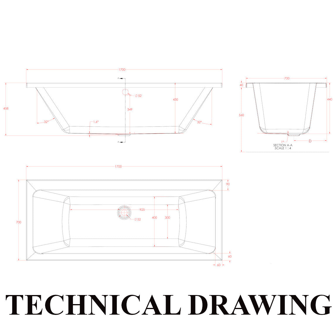 Eastbrook Portland 1700 x 700mm Double Ended Bath Technical Drawing