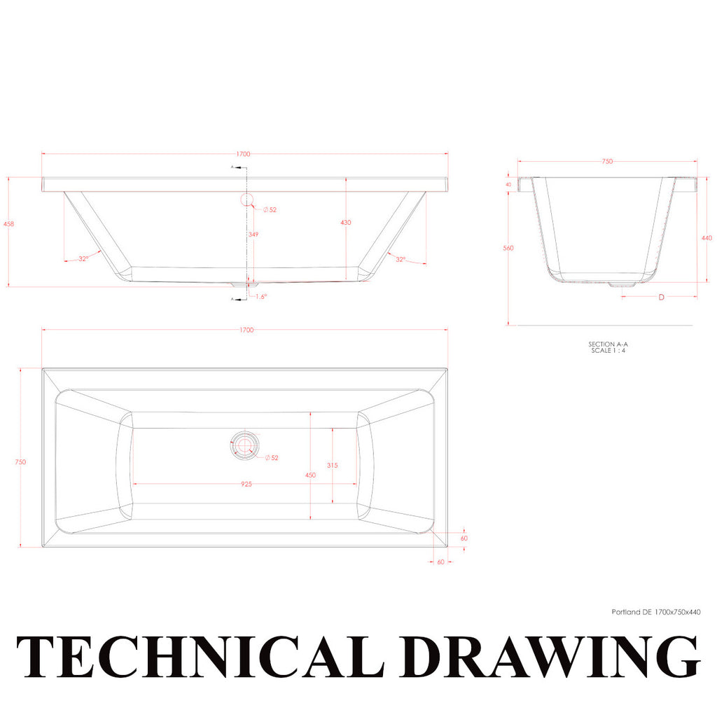 Eastbrook Portland  1700 x 750mm Double Ended Bath Technical Drawing