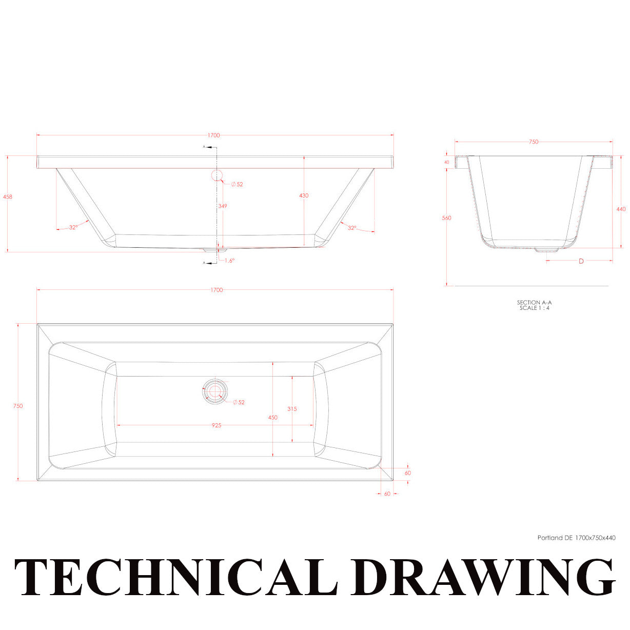 Eastbrook Portland 1700 x 750mm Double Ended Bath Technical Drawing