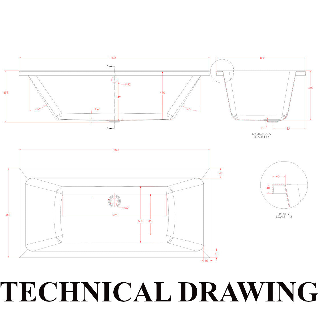 Eastbrook Portland 1700 x 800mm Double Ended Bath Technical Drawing