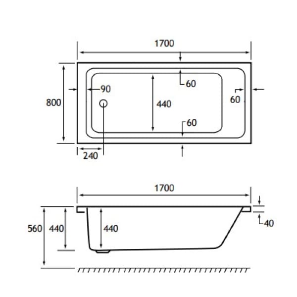 Eastbrook Portland 1700 x 800mm Single Ended Bath Technical Drawing