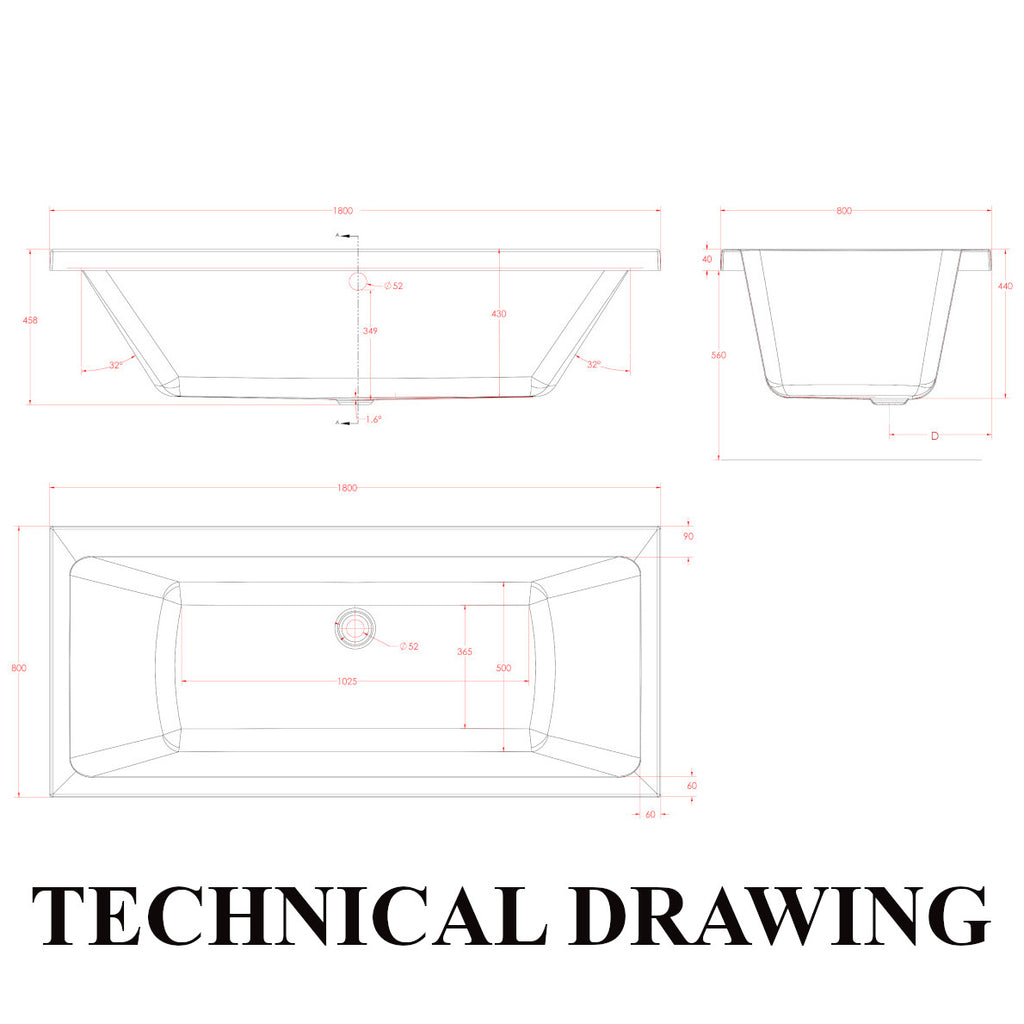 Eastbrook Beauforté 1800 x 800mm Portland Double Ended Bath Technical Drawing