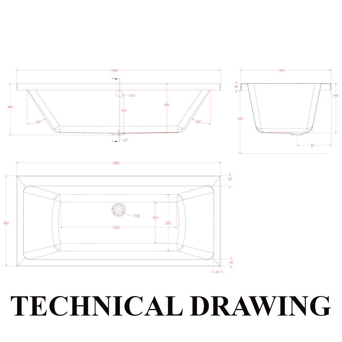 Eastbrook Portland 1700 x 800mm Double Ended Bath Technical Drawing