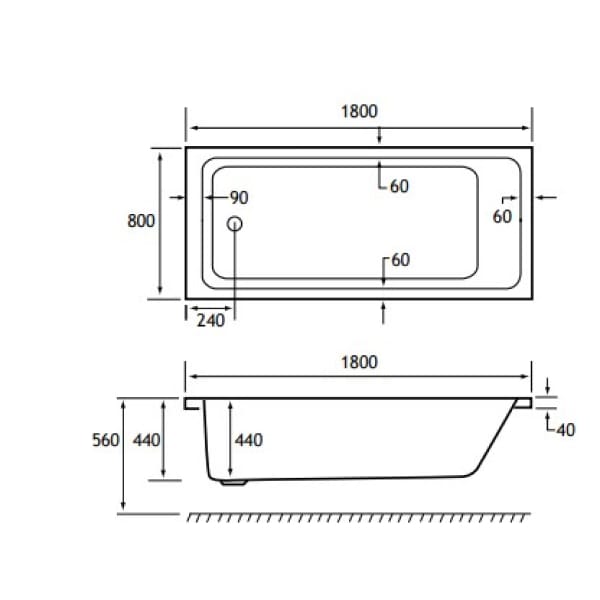 Eastbrook Portland 1800 x 800mm Single Ended Bath Technical Drawing