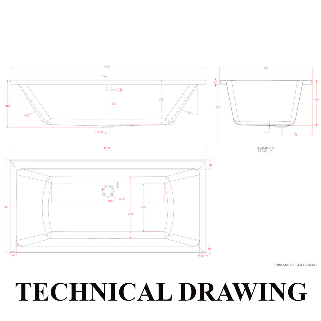 Eastbrook Portland 1900 x 900mm Double Ended Bath Technical Drawing