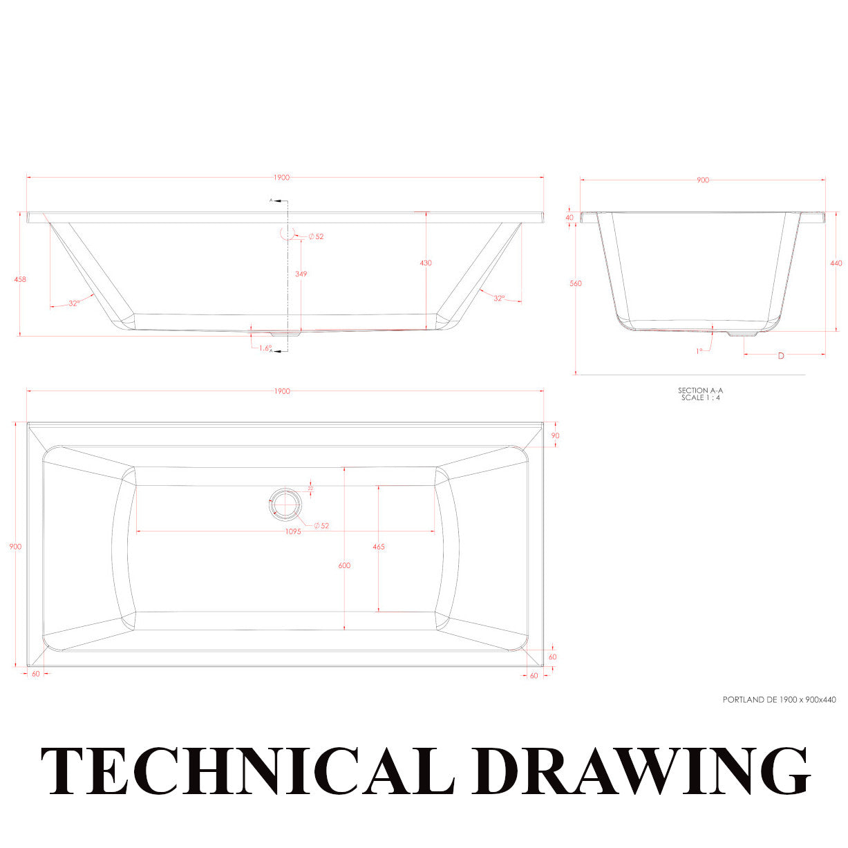 Eastbrook Portland 1900 x 900mm Double Ended Bath Technical Drawing