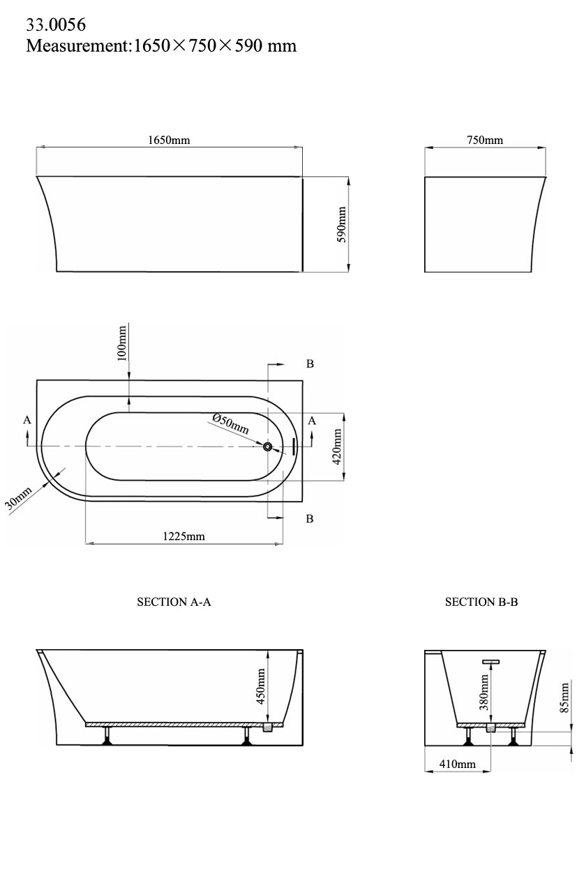 Radcot Single Ended Freestanding Corner/Shower Bath 1650mm
