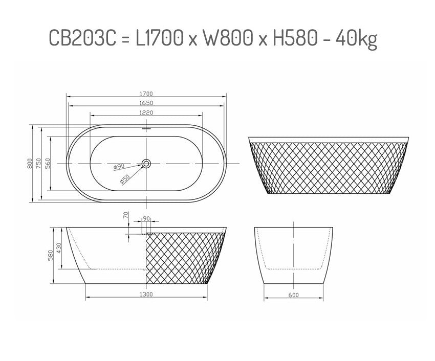 Faye by Classical Baths - Diamond 1700 x 800mm Double Ended Freestanding Bath, Gloss white or Painted Finish Available