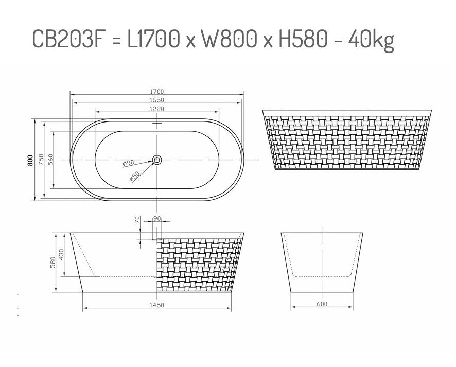 Ingrid by Classical Baths - Basket Weave 1700 x 800mm Double Ended Freestanding Bath, Gloss white or Painted Finish Available (Copy)