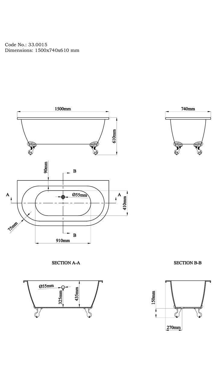 Mortlake F/S Back To Wall Traditional Bath 1500 x 740mm