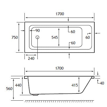 Eastbrook Portland 1700 x 750mm Single Ended 26 Jet Whirlpool Airspa Bath