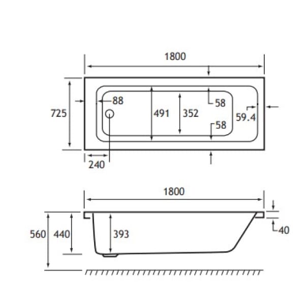 Eastbrook Portland 1800 x 725mm Single Ended Bath Technical Drawing
