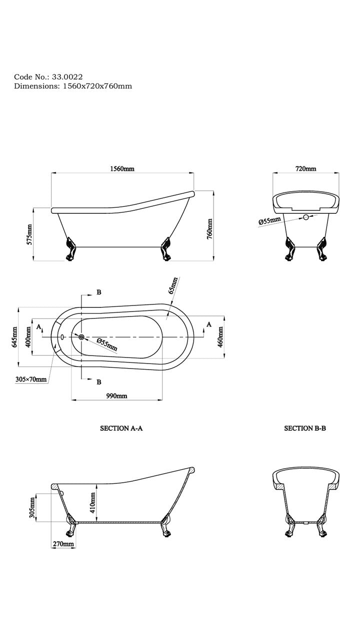 Trowbridge F/S Slipper Bath 1560 x 720mm