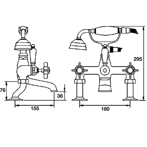I303X Beaumont Traditional Bath Shower Mixer, Technical Drawing