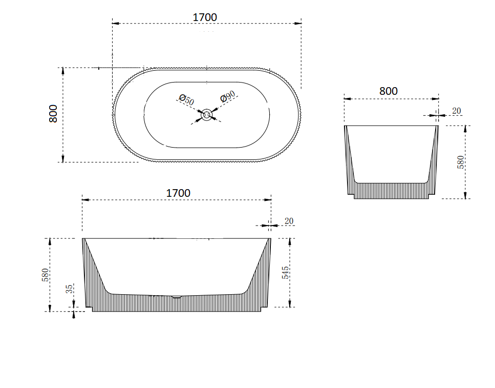 Ginger by Classical Baths - Fluted 1700 x 800mm Double Ended Freestanding Bath, Gloss white or Painted Finish Available