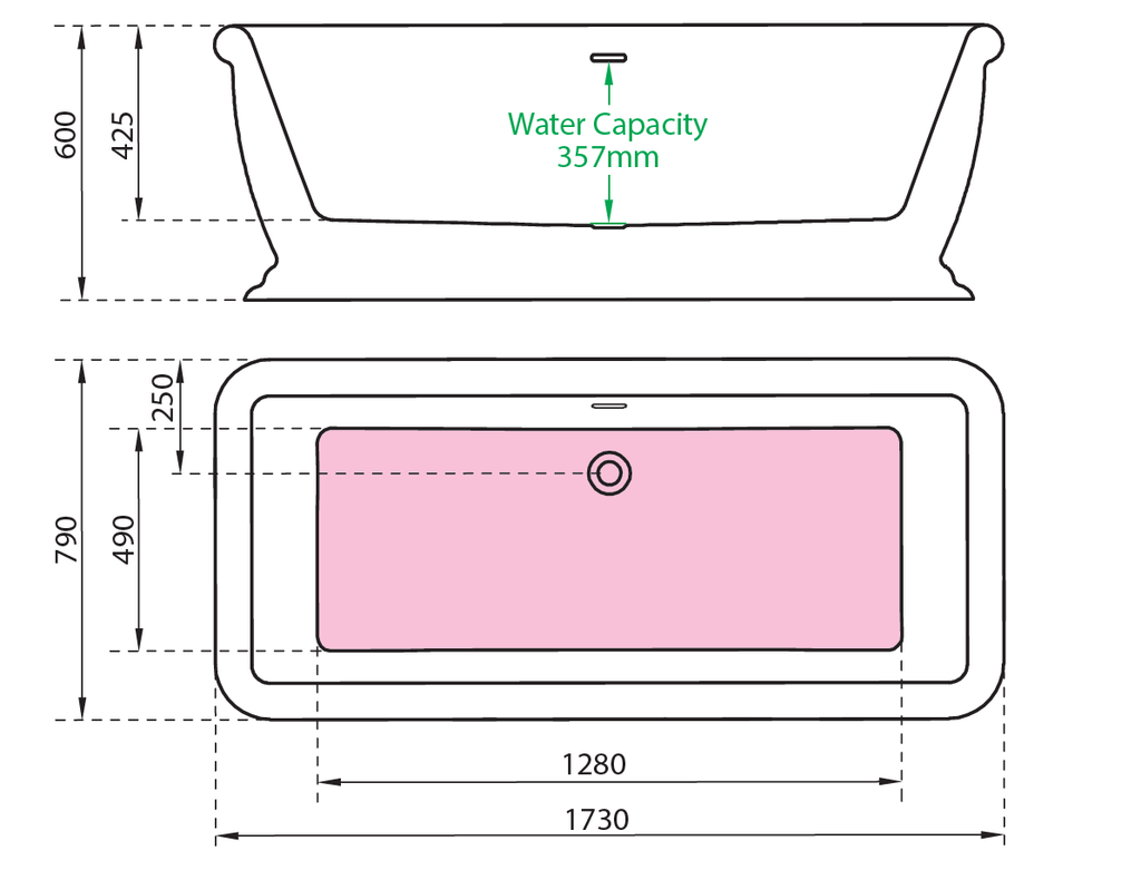 Charlotte Edwards Henley Bath 1730 x 790 Technical Drawing