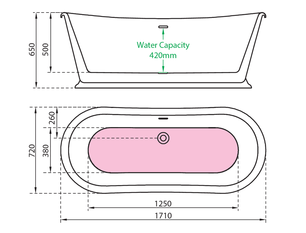 Technical drawing of Charlotte Edwards Rosemary Boat Bath 1710mm