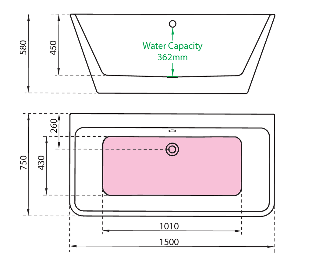 Technical drawing of Charlotte Edwards Eris Bath