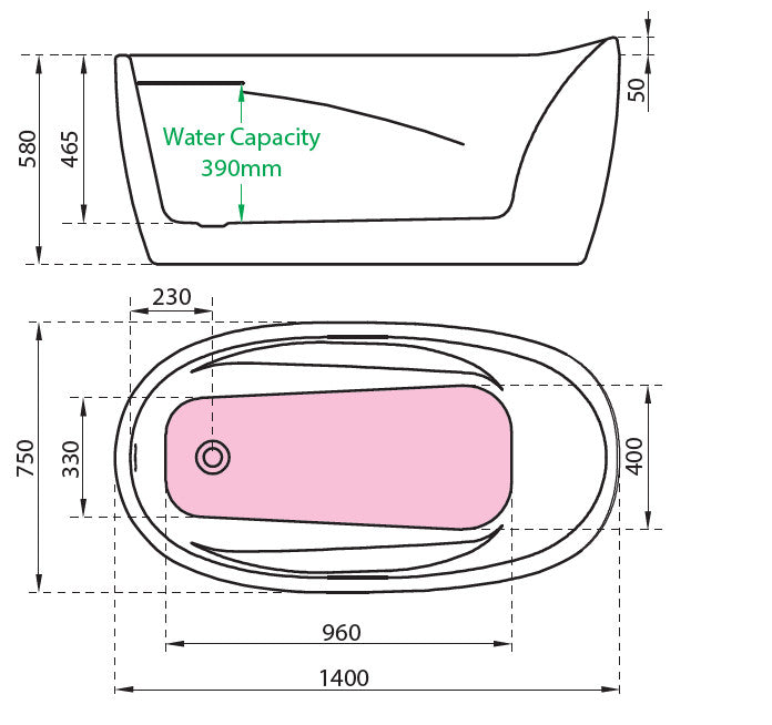 CE11064 Charlotte Edwards Ceres Small Freestanding Bath with Internal Arm Supports 1400mm Technical Drawing