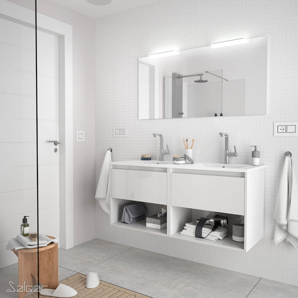 Noja 1205mm Gloss White Wall Hung Drawers and Shelf Units and Double Basin
