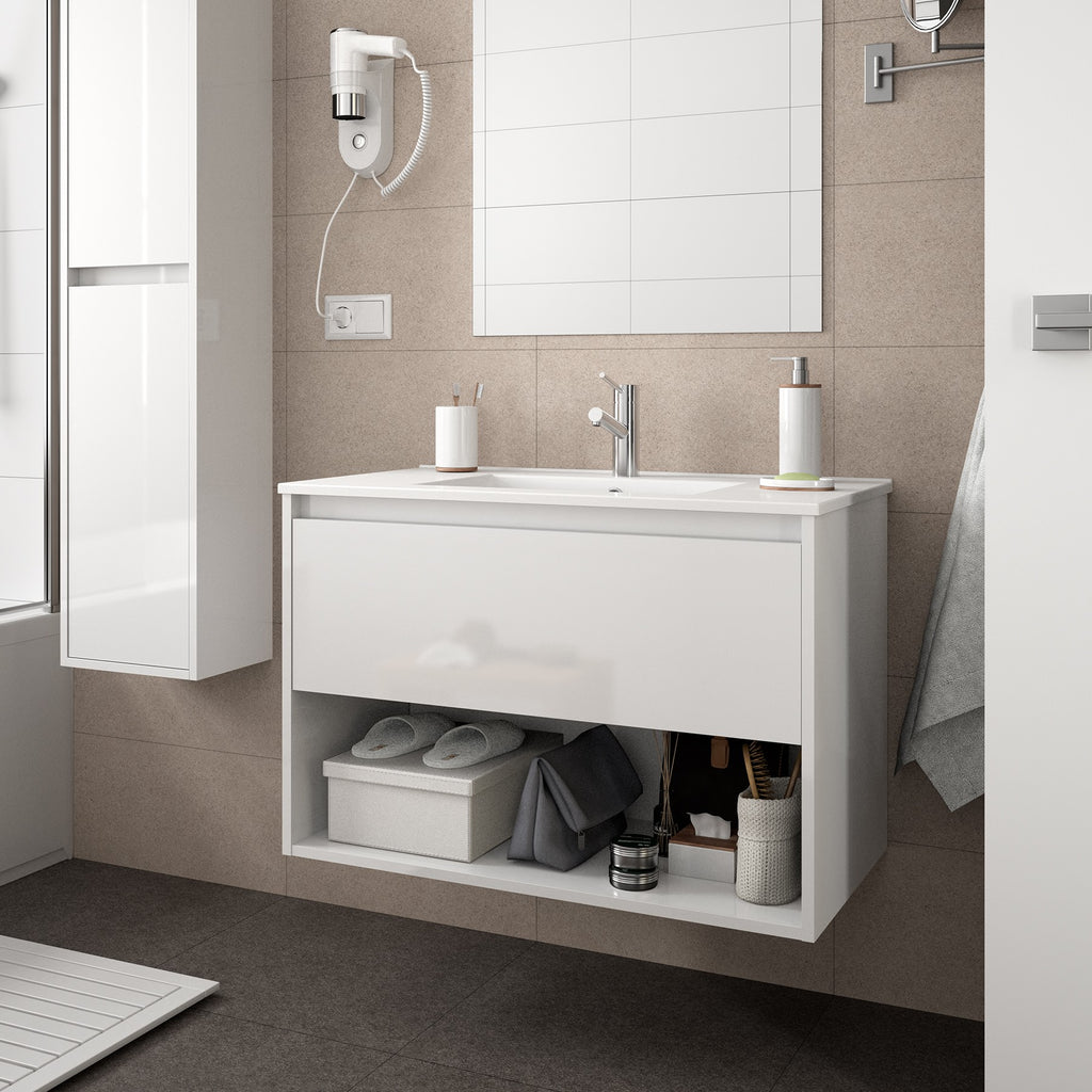 Noja 610mm Gloss White Wall Hung 1 Drawer and 1 Shelf Unit and Basin