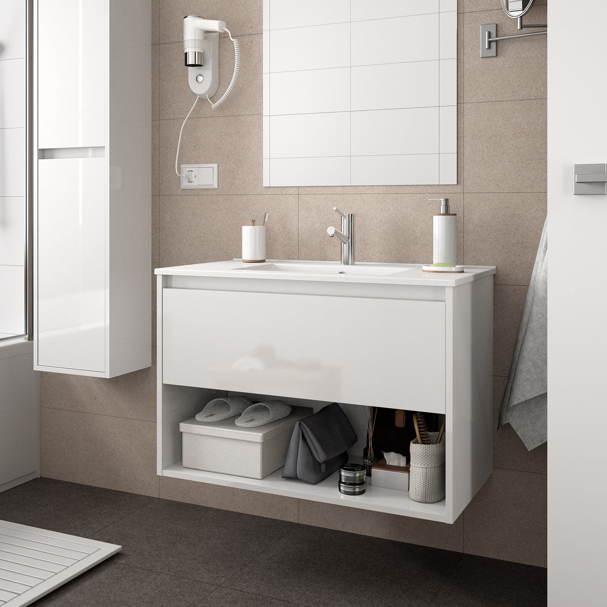 Noja 610mm Gloss White Wall Hung 1 Drawer and 1 Shelf Unit and Basin