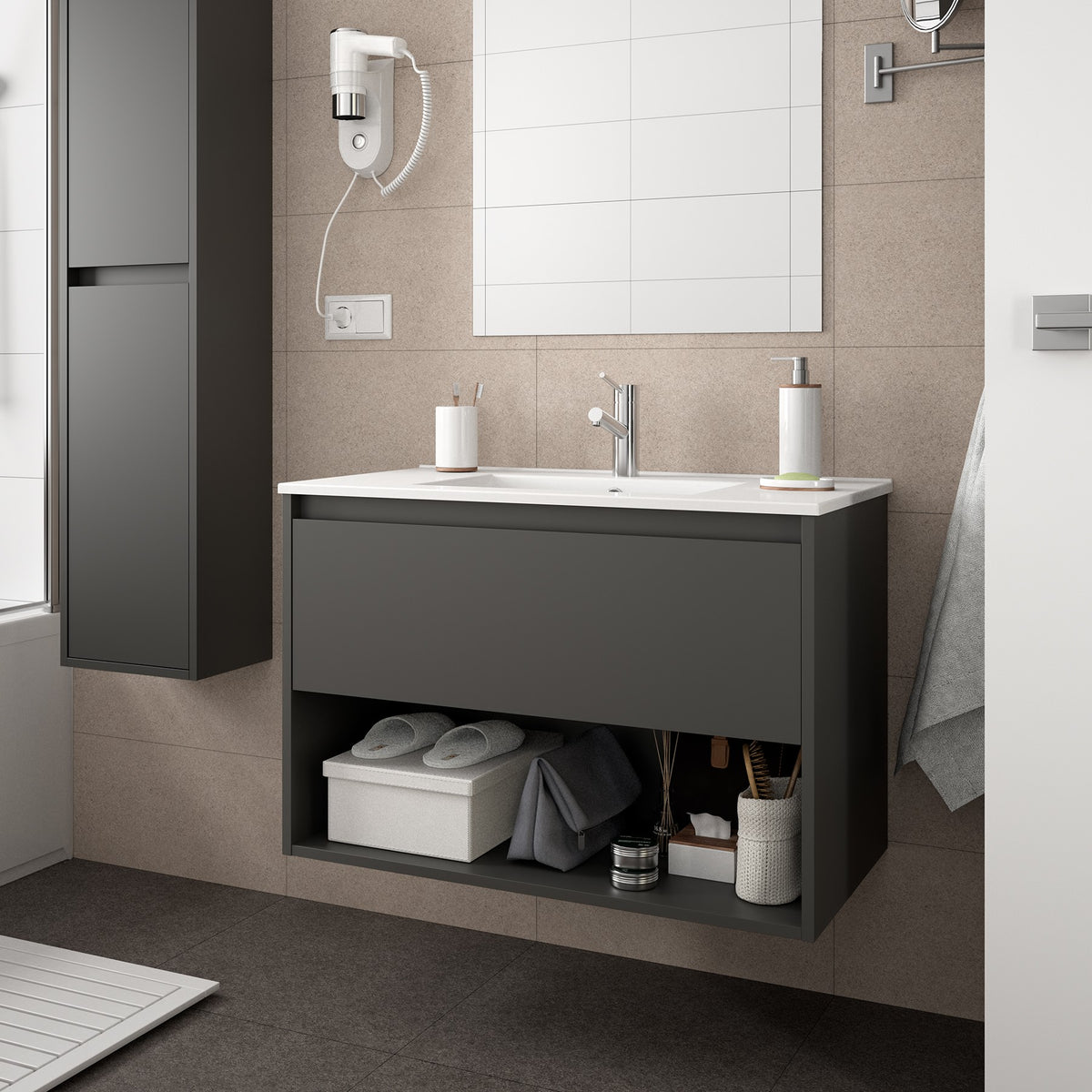 Noja 610mm Matt Grey Wall Hung 1 Drawer and 1 Shelf Unit and Basin