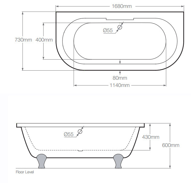 Technical drawing of the Royce Morgan Balmoral Freestanding Bath