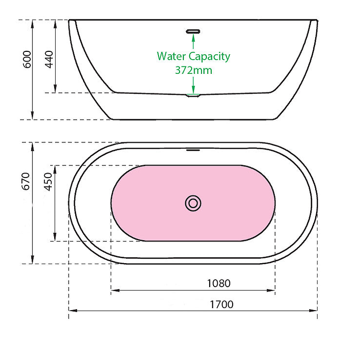 CE11007MB Charlotte Edwards Belgravia 1700 x 670mm Matt Black Freestanding Bath Technical Drawing