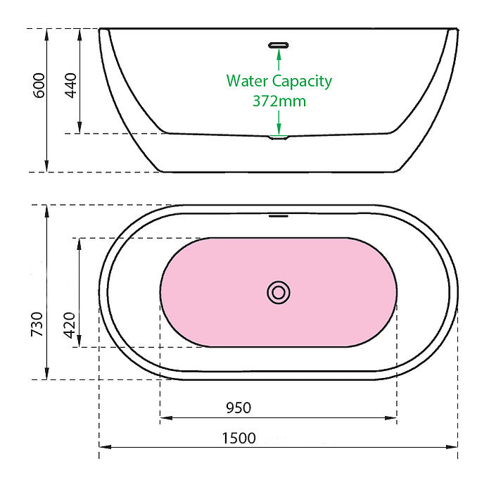 CE11040MB Charlotte Edwards Belgravia 1500 Matt Black Exterior Technical Drawing