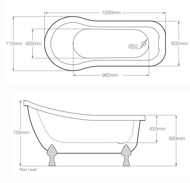 Royce Morgan Chatsworth 1530 x 710mm Traditional Slipper Bath