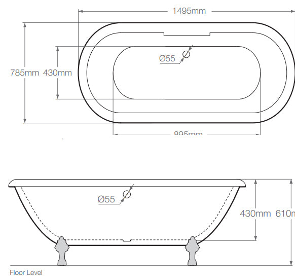 Technical drawing of Royce Morgan Kensington Double Ended Roll Top Bath 1495mm