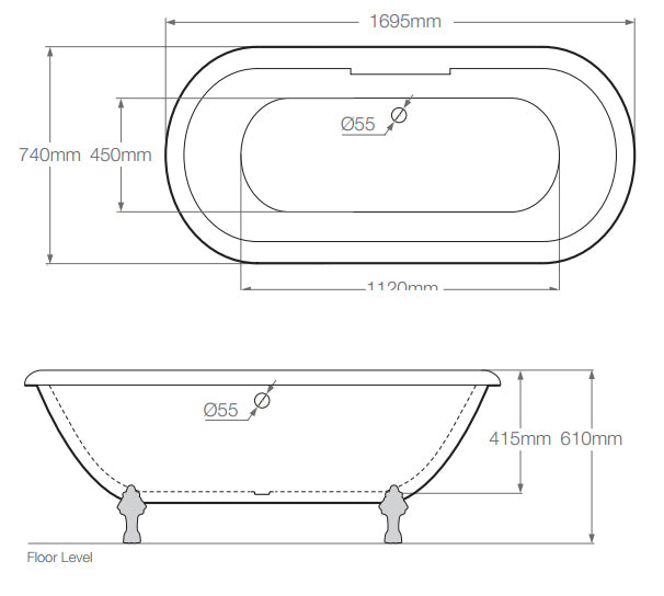 Technical drawing of the Royce Morgan Kensington 1695mm Roll Top Bath