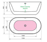 CE11001MB Charlotte Edwards Mayfair 1500mm Matt Black Freestanding Bath Technical Drawing