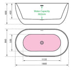 CE11022MB Charlotte Edwards Mayfair 1800mm Matt Black Contemporary Freestanding Bath Technical Drawing